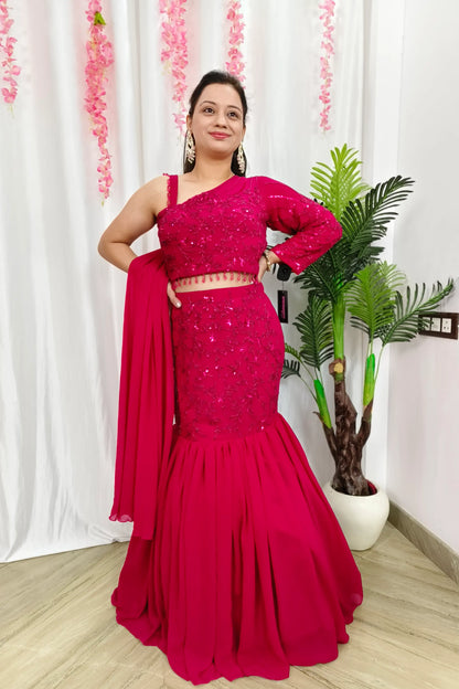 One side Shoulder Indowestern Hand Work Fish Cut lehenga Dress In Hot Pink Colour