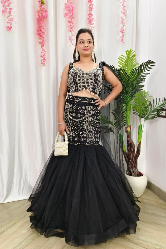 Pearl Beads Embroidered Fish Cut Lehenga Dress With Spaghetti Blouse With One Side Duppatta Design in Black