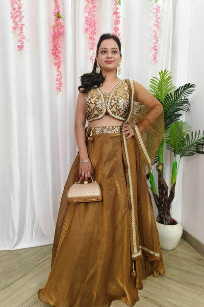 Designer Embroidered Apple Cut Choli With Organza Flared Lehenga Set In Organza With Net Bordered Duppatta in Golden Colour