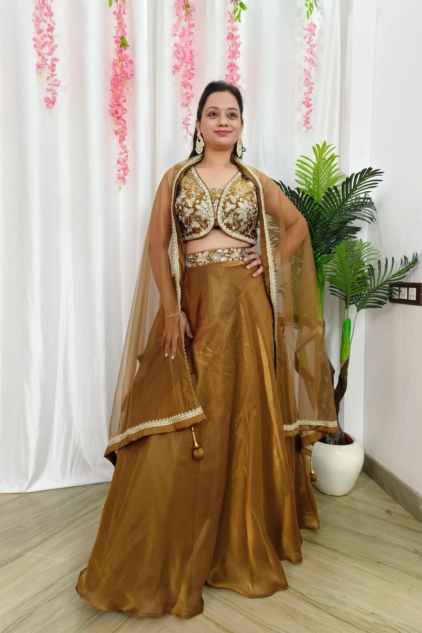 Designer Embroidered Apple Cut Choli With Organza Flared Lehenga Set In Organza With Net Bordered Duppatta in Golden Colour