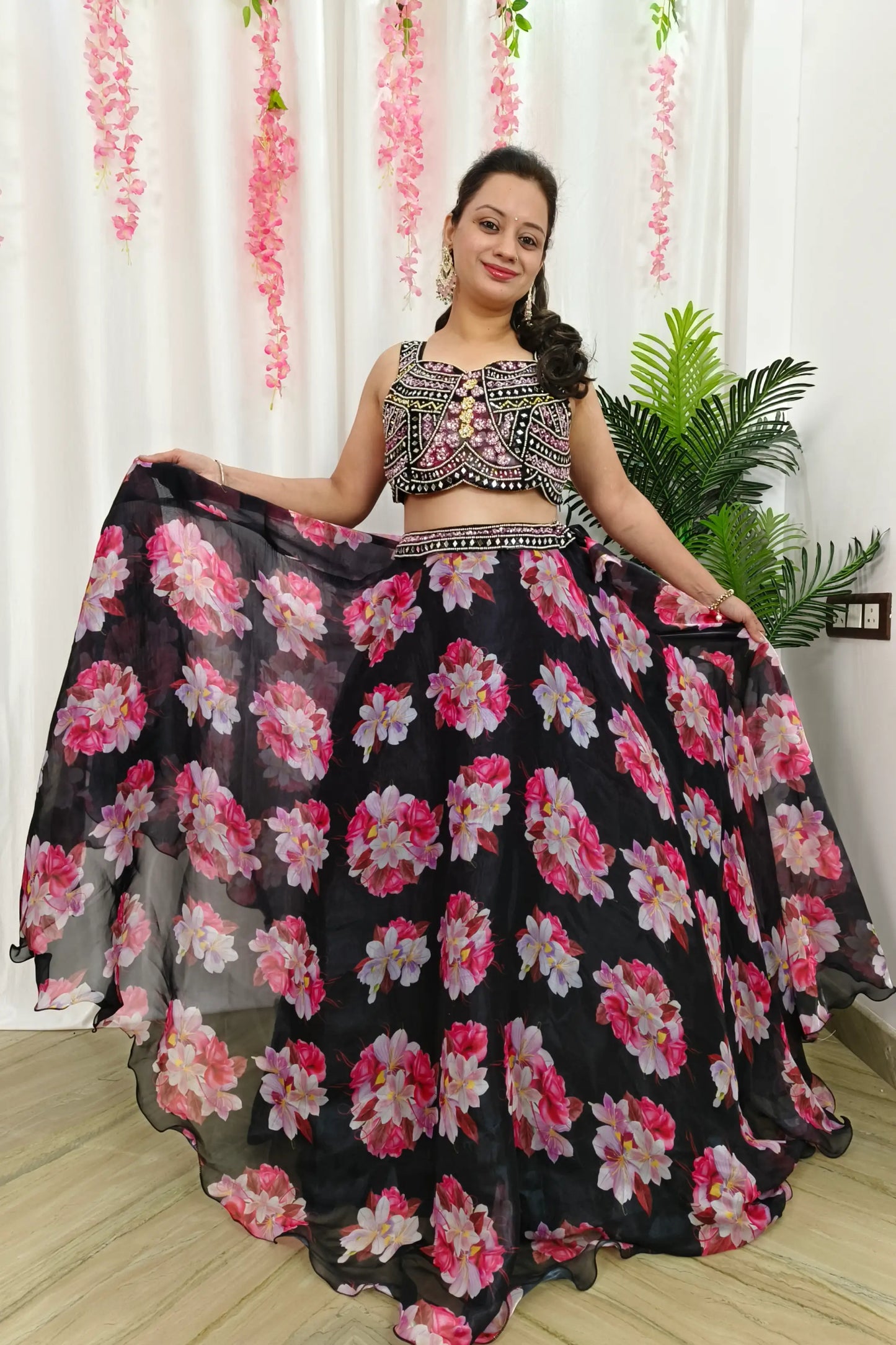 Beautiful hand Work Spaghetti Style Choli With Printed Floral Organza lehenga With ruffle Net Duppatta