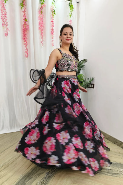 Beautiful hand Work Spaghetti Style Choli With Printed Floral Organza lehenga With ruffle Net Duppatta