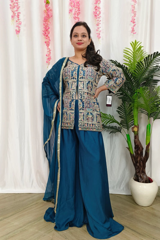 Multi Embroidered Short Peplum Cord Set Style Suit Set With Plazo Bottom In Chinnon