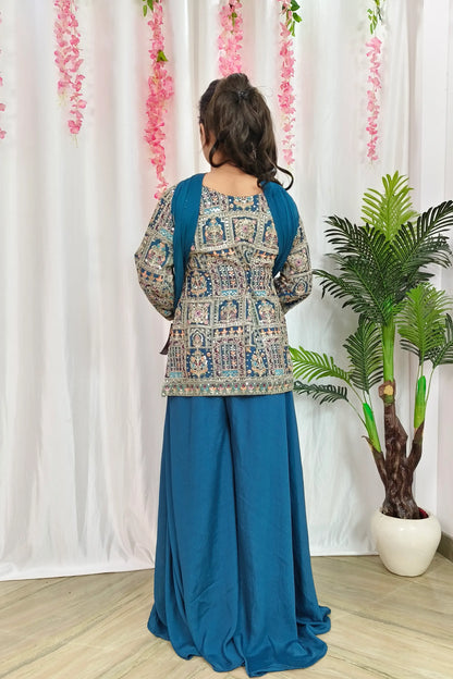 Multi Embroidered Short Peplum Cord Set Style Suit Set With Plazo Bottom In Chinnon