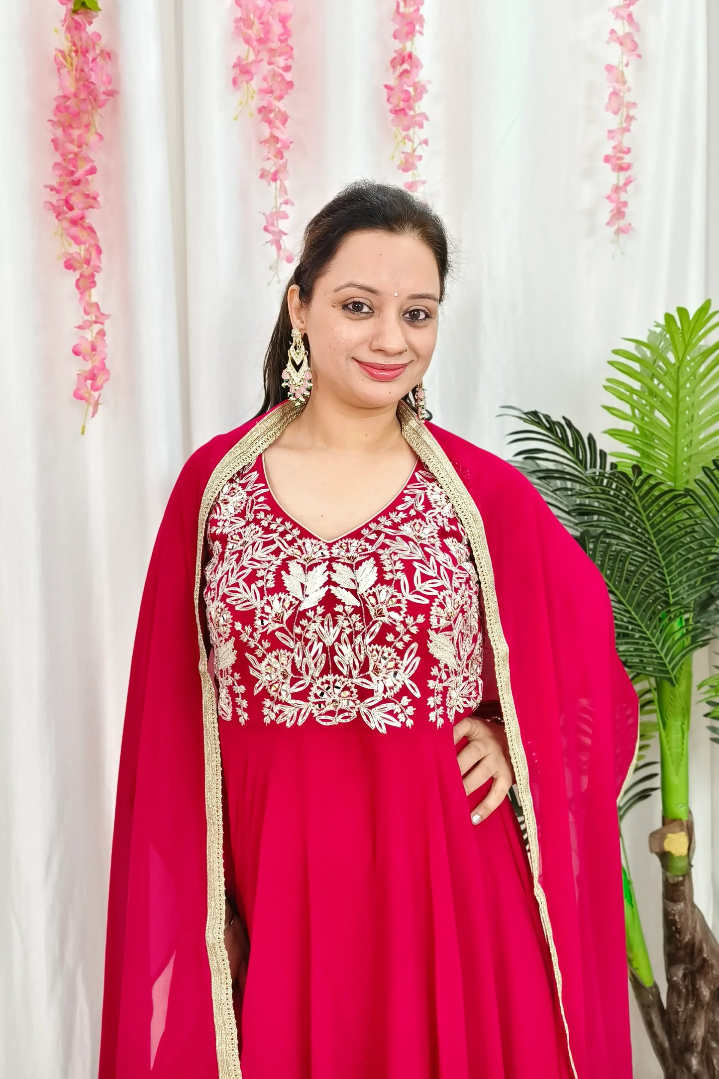 Full Circular Georgette Anarkali Kurta With Gotta Work On Yoke With Plazo Bottom and Bordered Duppatta