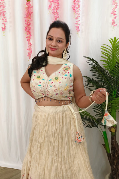 Hand Work Embroidered Crop Top With Chinnon  Printed Skirt In Off White with Chiffon Duppatta