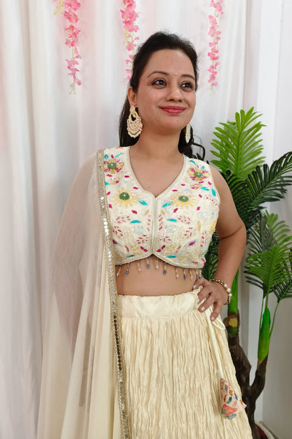 Hand Work Embroidered Crop Top With Chinnon  Printed Skirt In Off White with Chiffon Duppatta