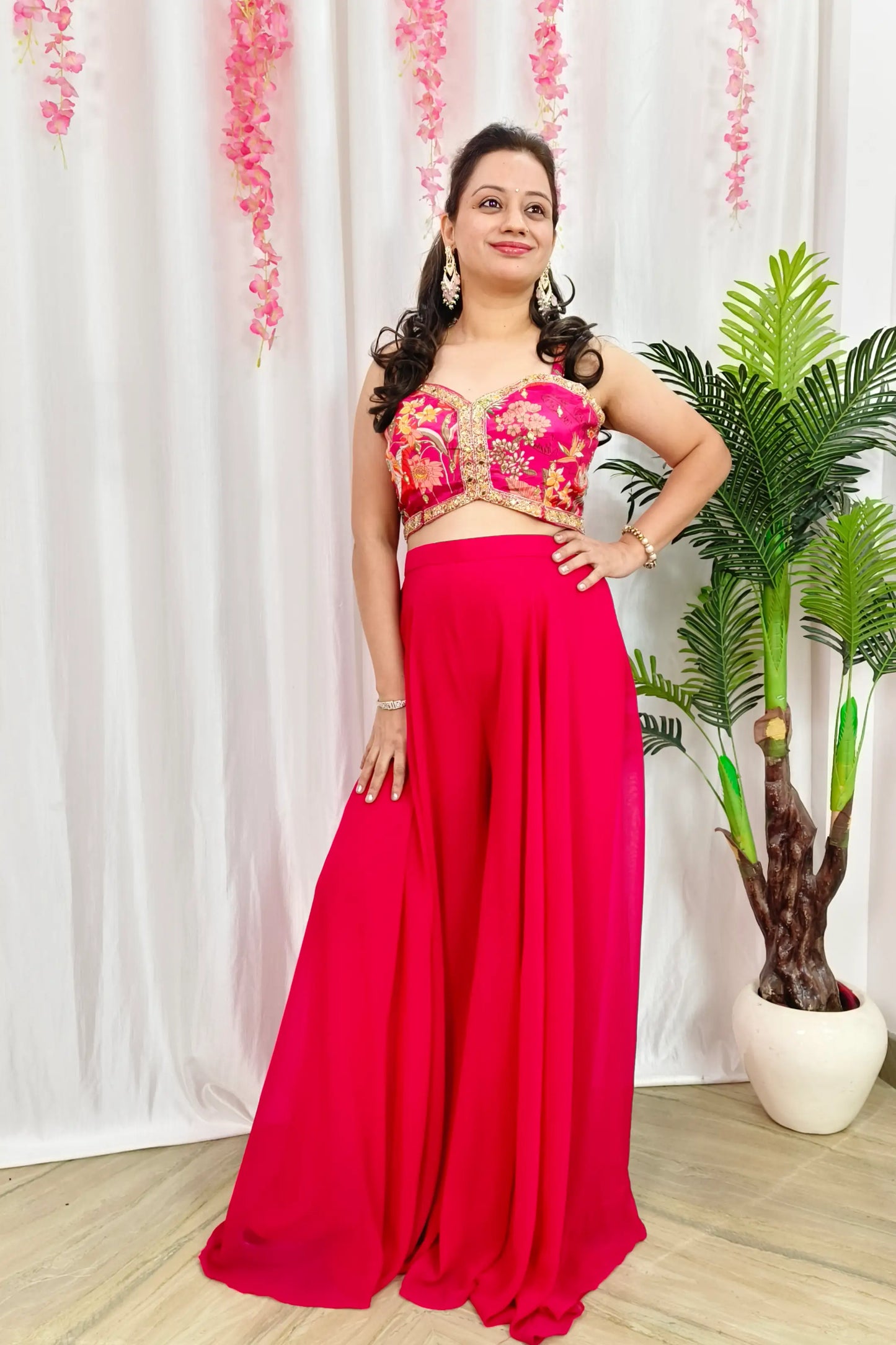 Beautiful Hot Pink Indo Western Crop Top Divider Dress With Printed cape In Silk