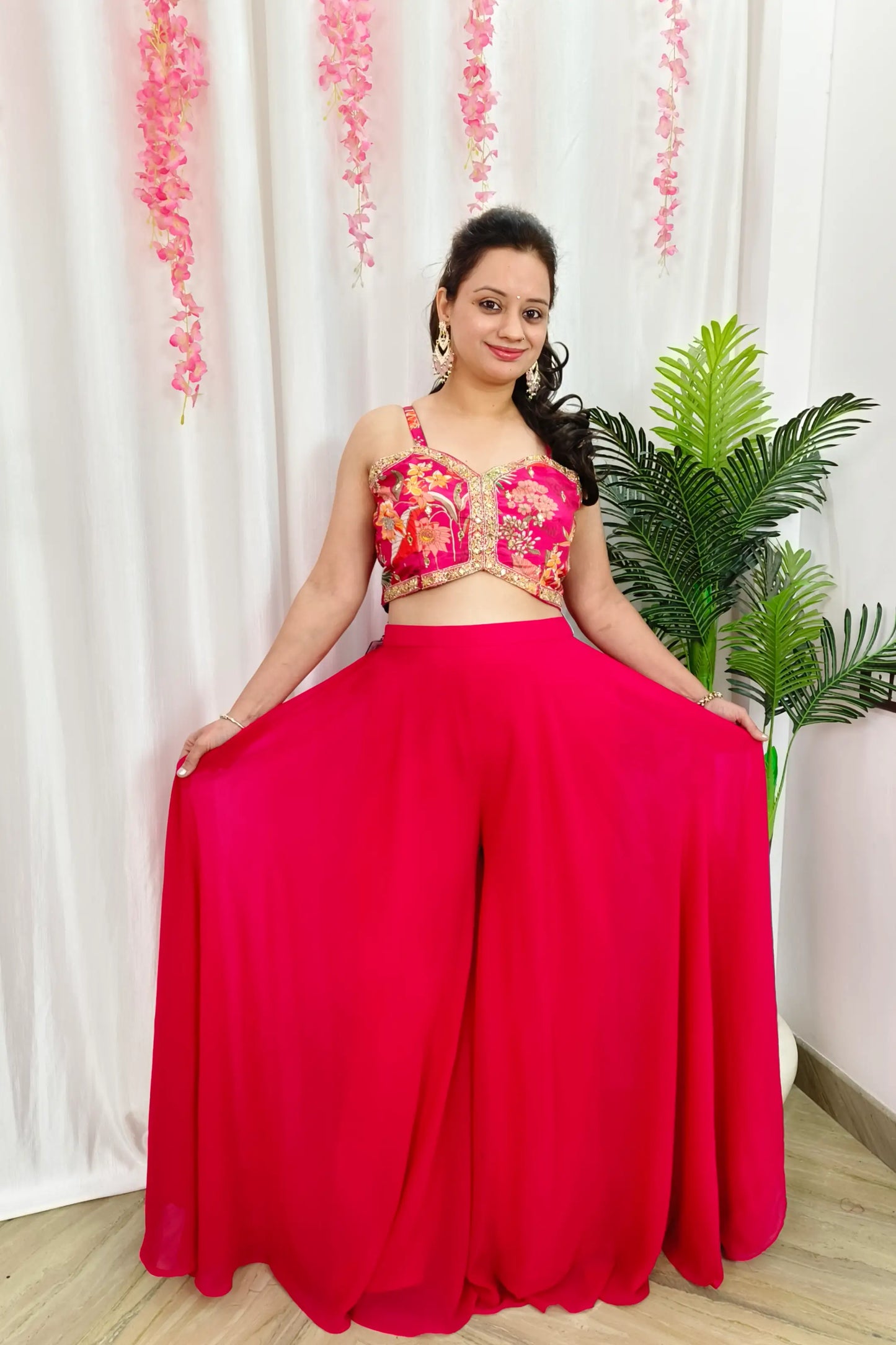 Beautiful Hot Pink Indo Western Crop Top Divider Dress With Printed cape In Silk