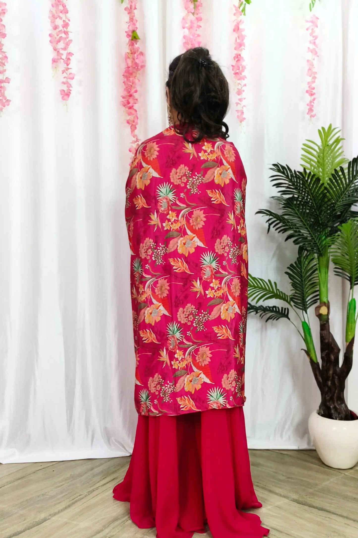 Beautiful Hot Pink Indo Western Crop Top Divider Dress With Printed cape In Silk