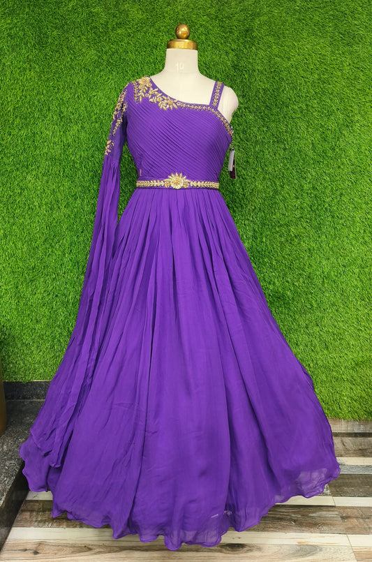 Beautiful Indowestern Side Shoulder Designer Dress With Long Duppatta Sleeve in Purple