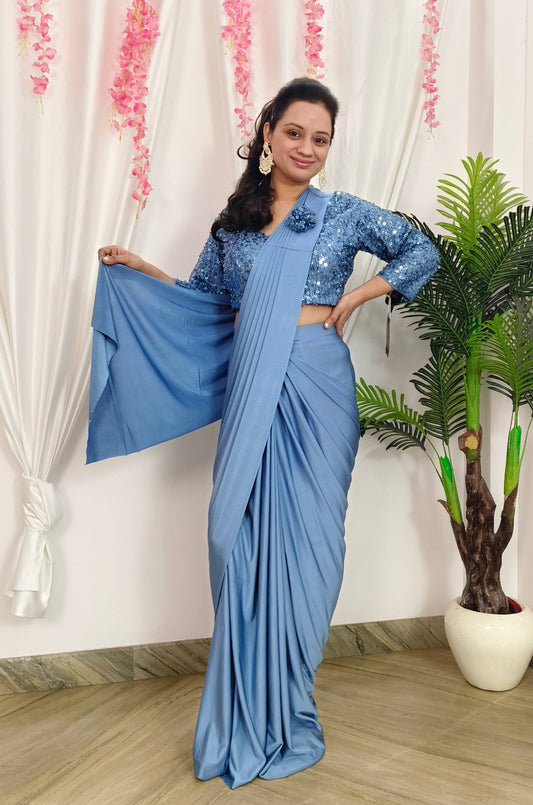 Hand Sequence Work Full Sleeve Blouse Ready To Wear Drape Saree With Beltin Blue