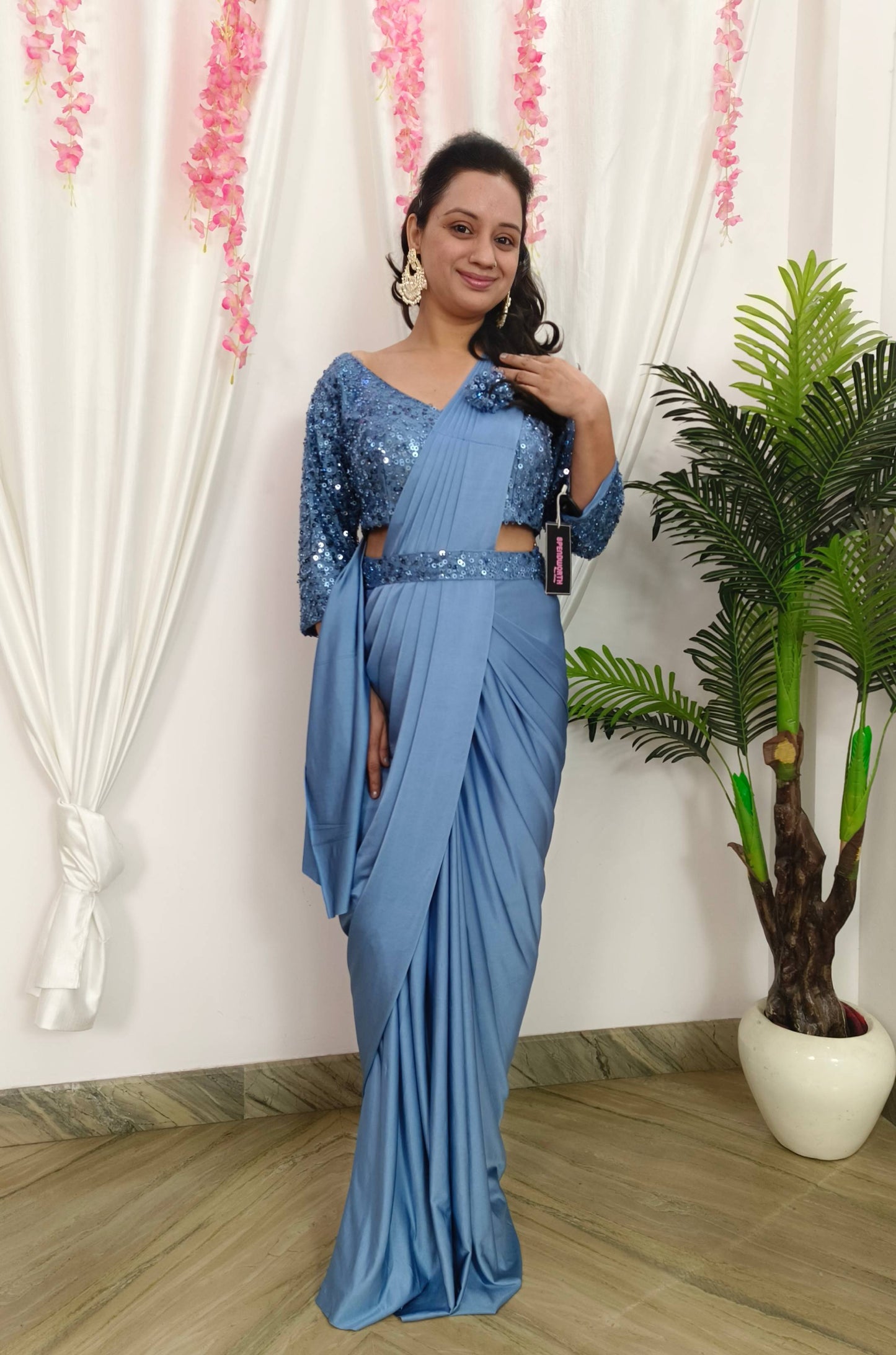 Hand Sequence Work Full Sleeve Blouse Ready To Wear Drape Saree With Beltin Blue