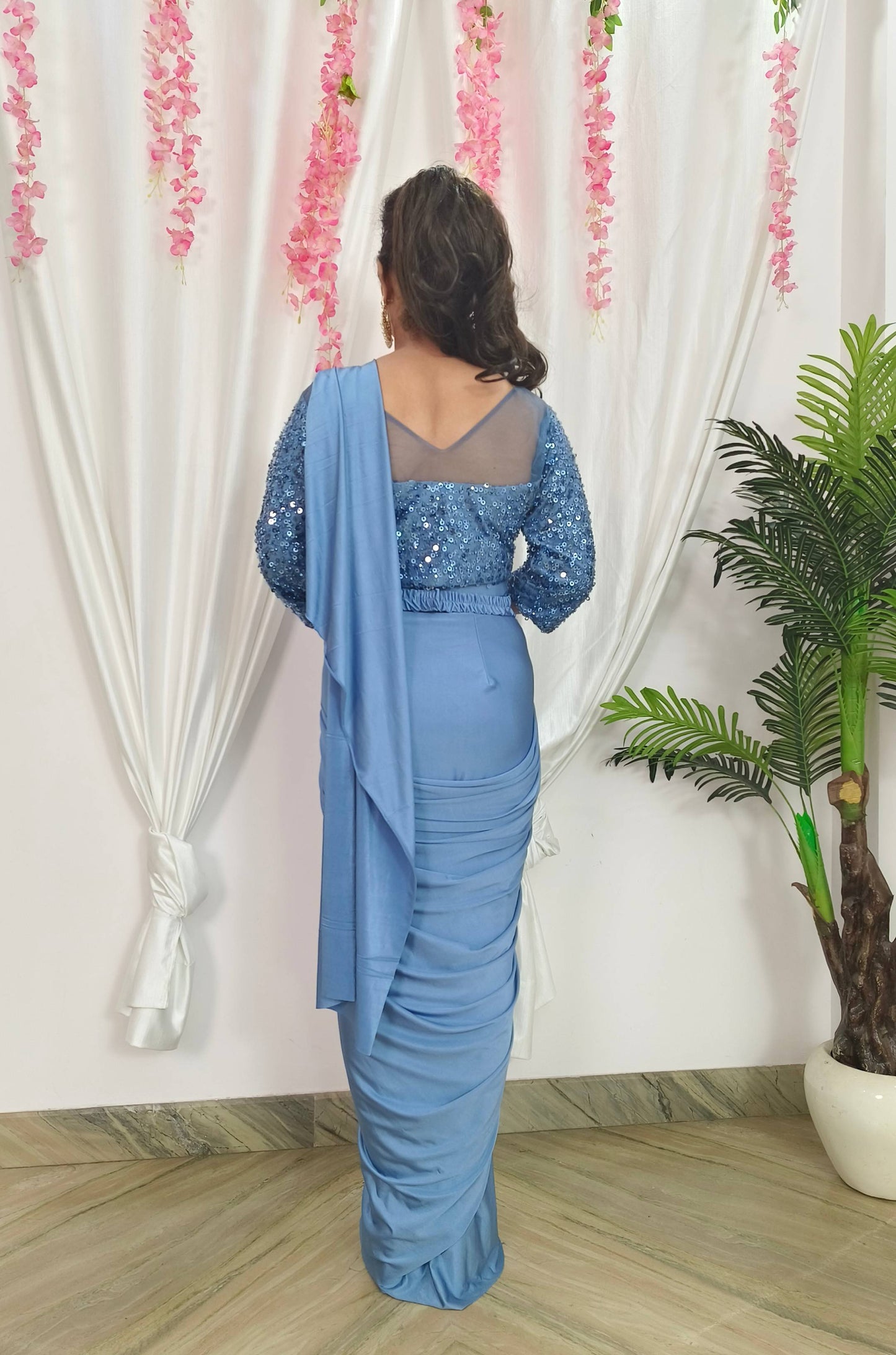 Hand Sequence Work Full Sleeve Blouse Ready To Wear Drape Saree With Beltin Blue