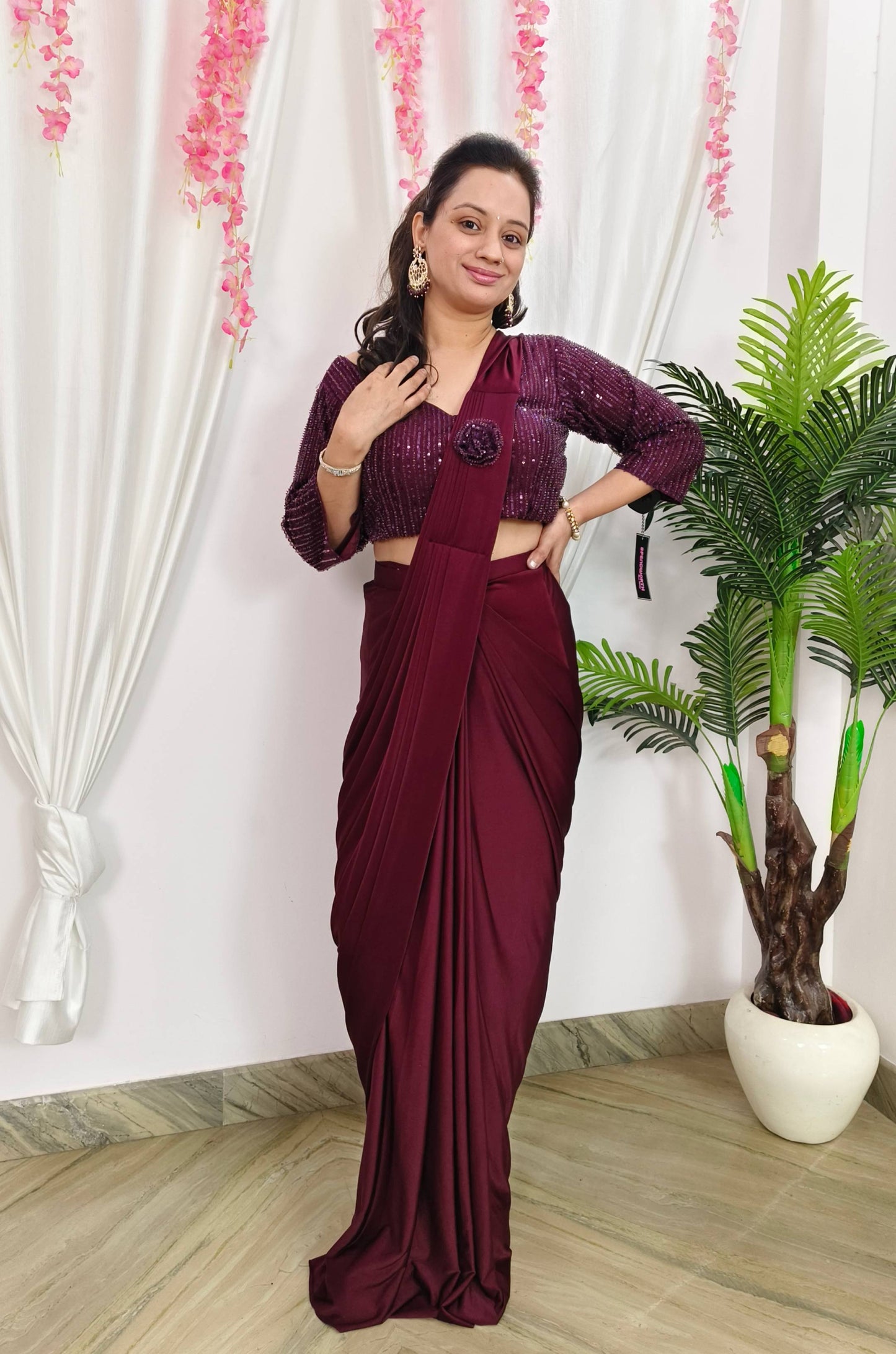 Sequenced Full Sleeve Blouse Readymade Saree With Lycra Drape and Belt in Wine