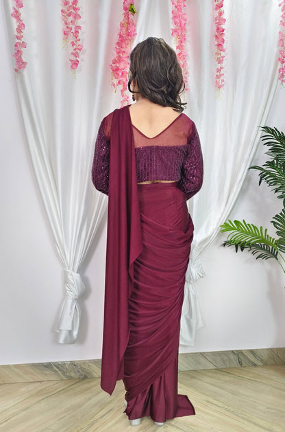 Sequenced Full Sleeve Blouse Readymade Saree With Lycra Drape and Belt in Wine