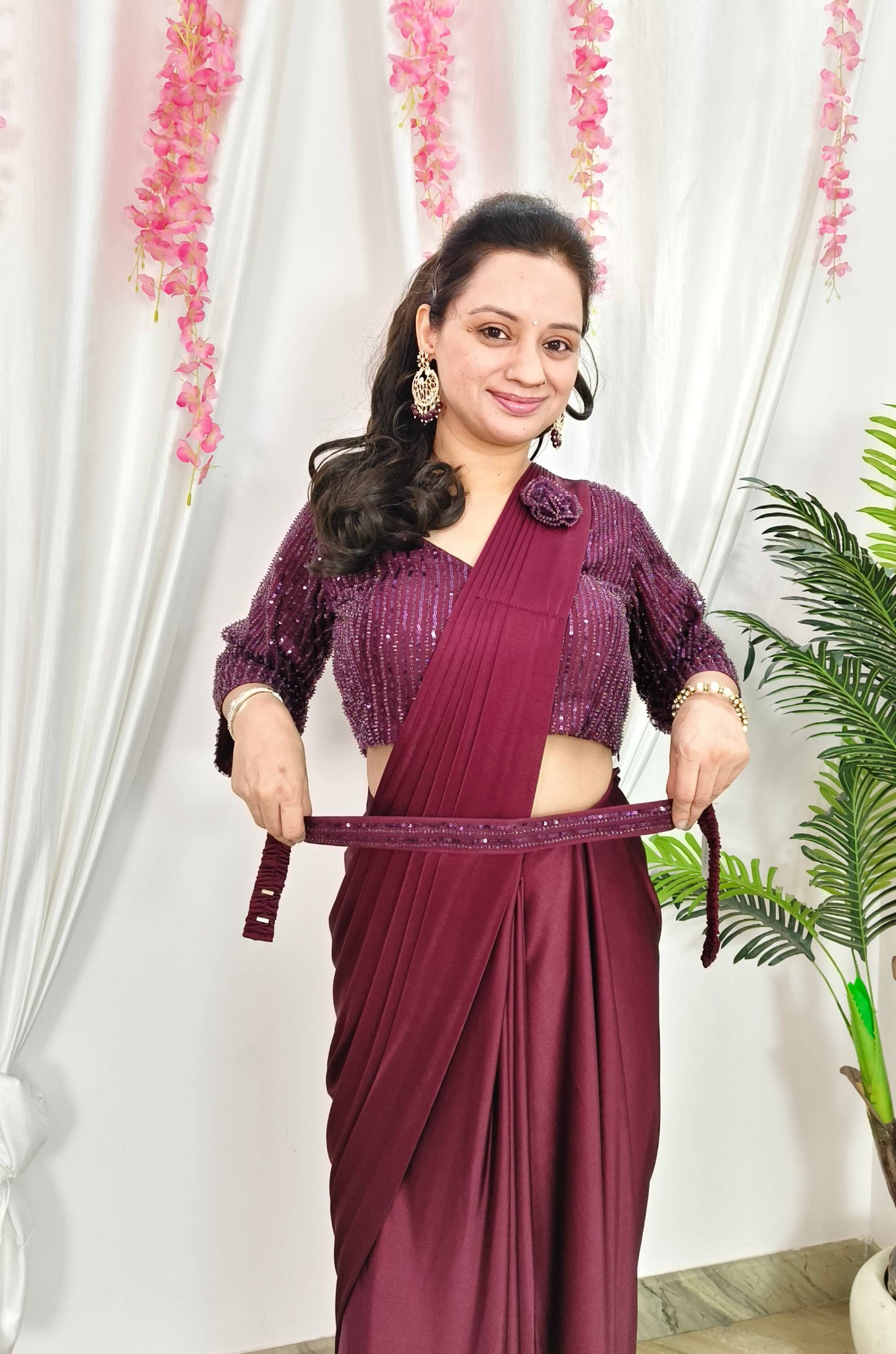 Sequenced Full Sleeve Blouse Readymade Saree With Lycra Drape and Belt in Wine