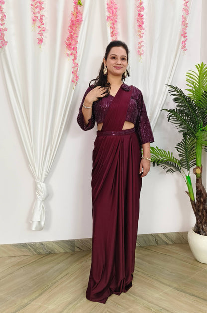 Sequenced Full Sleeve Blouse Readymade Saree With Lycra Drape and Belt in Wine