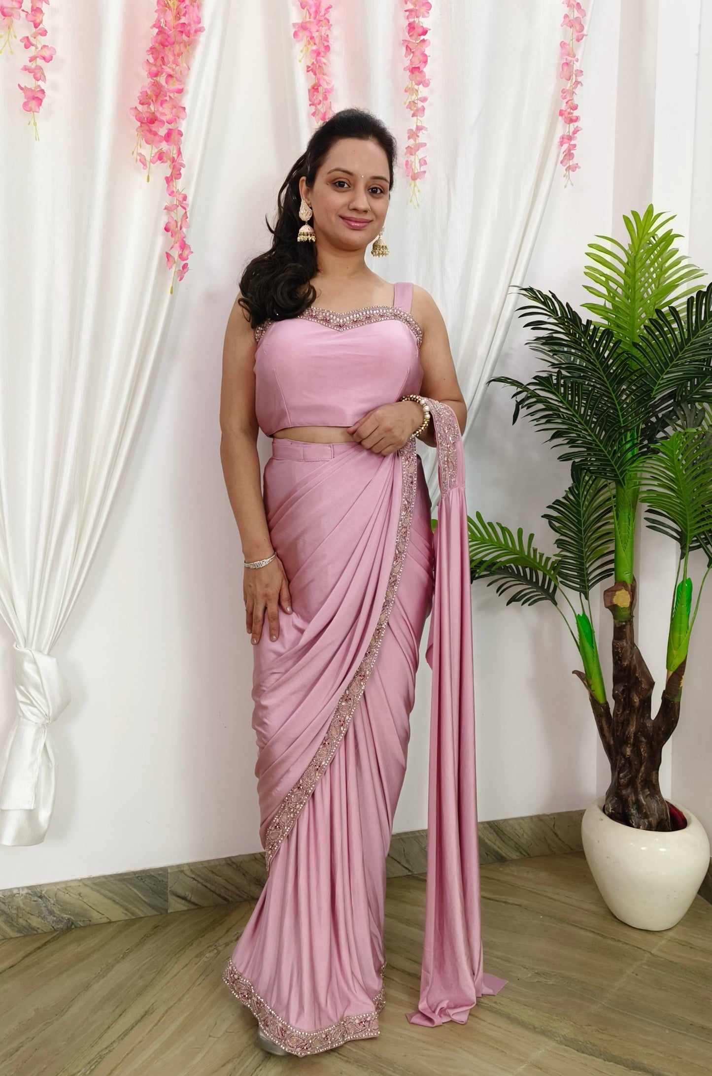 Designer Ready to wear Drape Saree With Separate Waist belt And Embroidered Jacket in Mauve