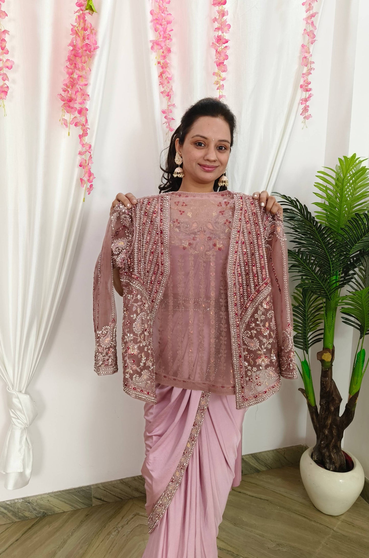 Designer Ready to wear Drape Saree With Separate Waist belt And Embroidered Jacket in Mauve