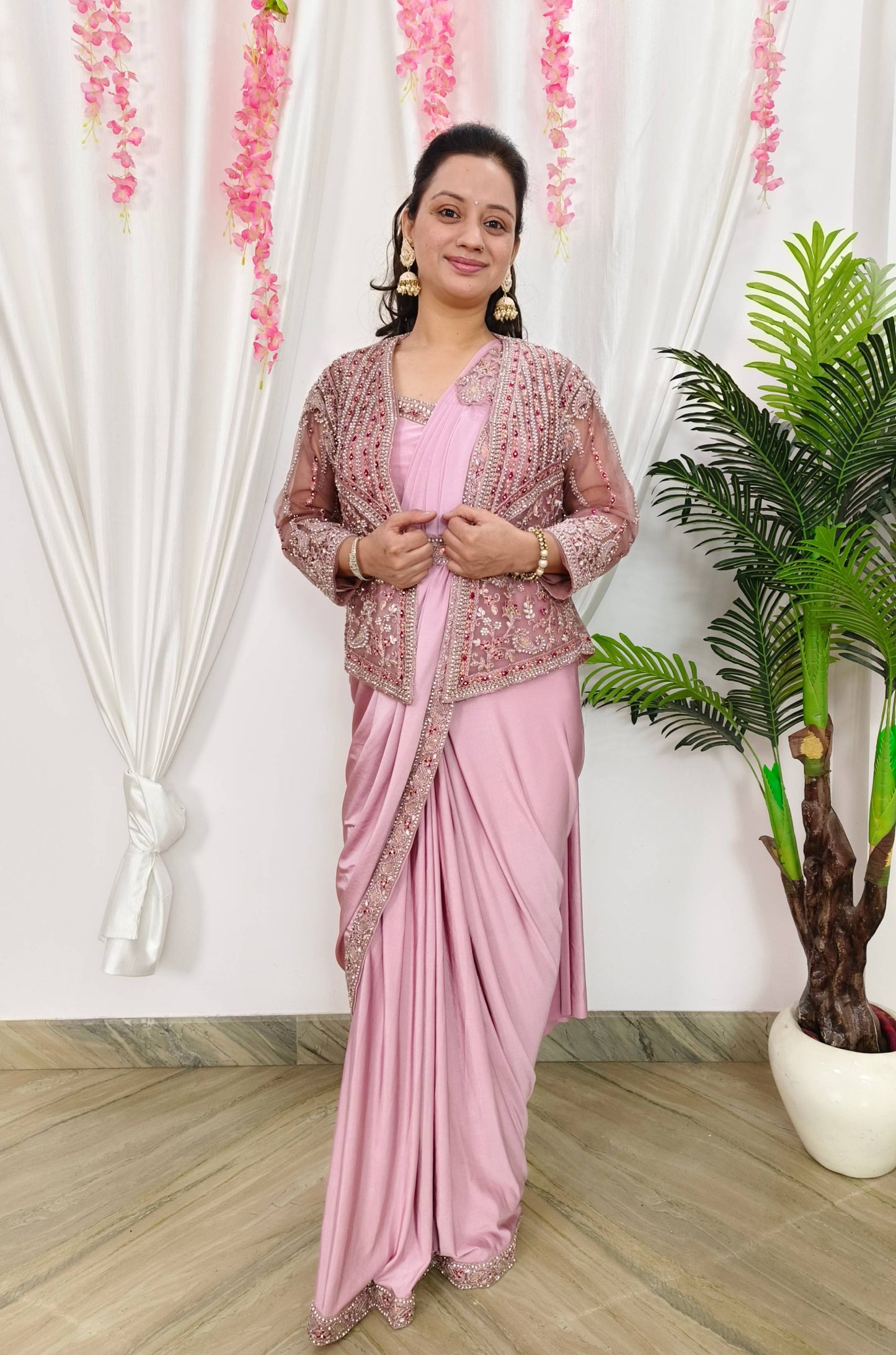 Designer Ready to wear Drape Saree With Separate Waist belt And Embroidered Jacket in Mauve