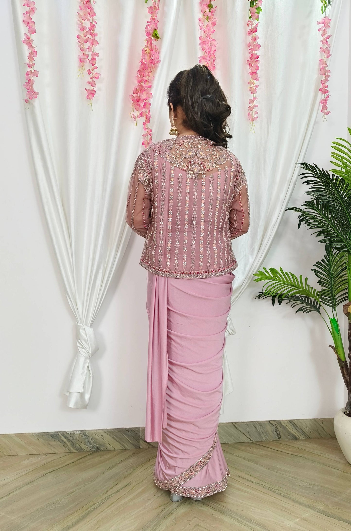 Designer Ready to wear Drape Saree With Separate Waist belt And Embroidered Jacket in Mauve