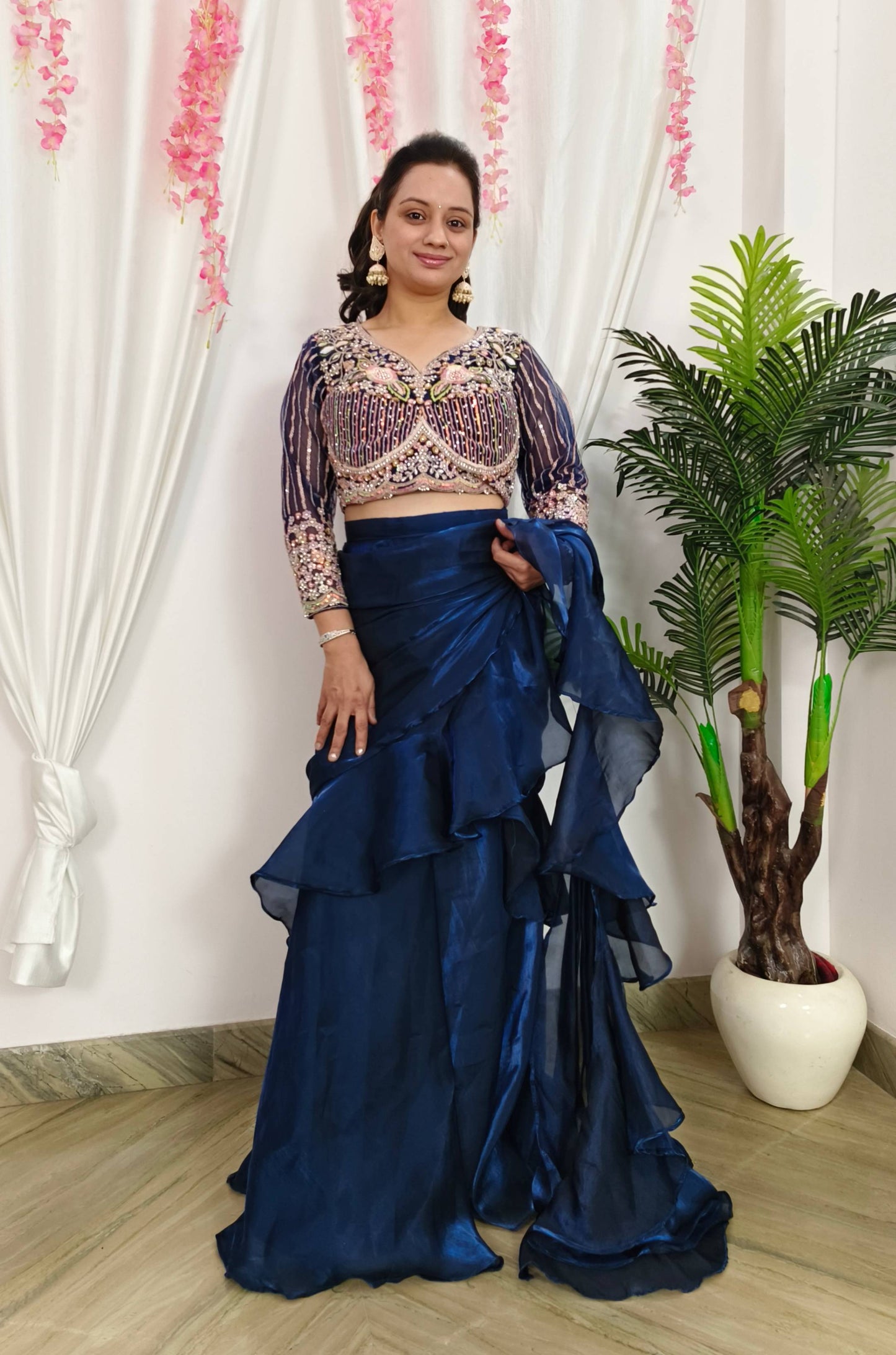 Ruffles Design Ready To wear Drape Saree in Organza With Hand Embroidered Full Sleeve Blouse