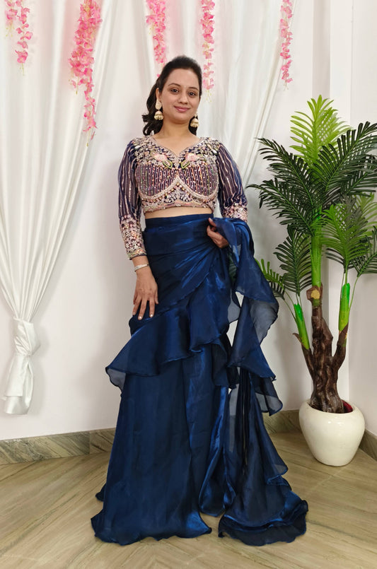 Ruffles Design Ready To wear Drape Saree in Organza With Hand Embroidered Full Sleeve Blouse