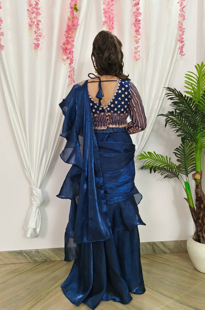 Ruffles Design Ready To wear Drape Saree in Organza With Hand Embroidered Full Sleeve Blouse