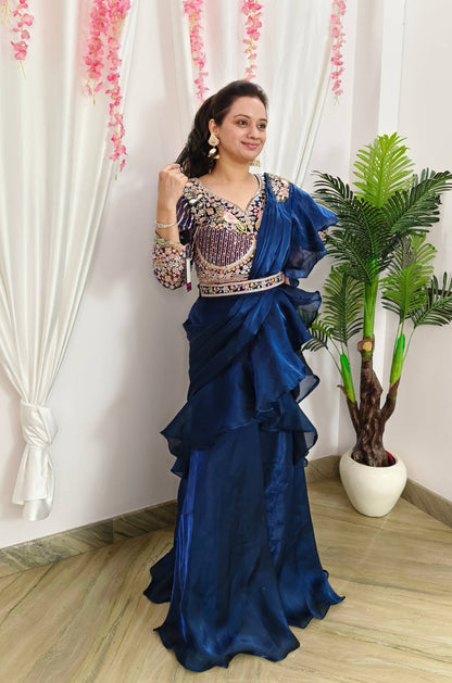 Ruffles Design Ready To wear Drape Saree in Organza With Hand Embroidered Full Sleeve Blouse