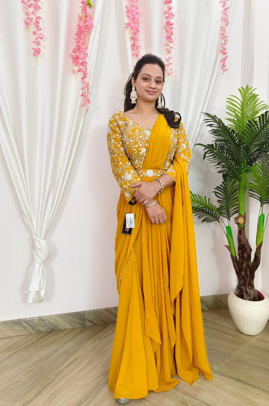 Ready To Wear georgette Drape Saree With Tulip Drape with Hand Embroidered  full Sleeve Blouse for Haldi Occasion