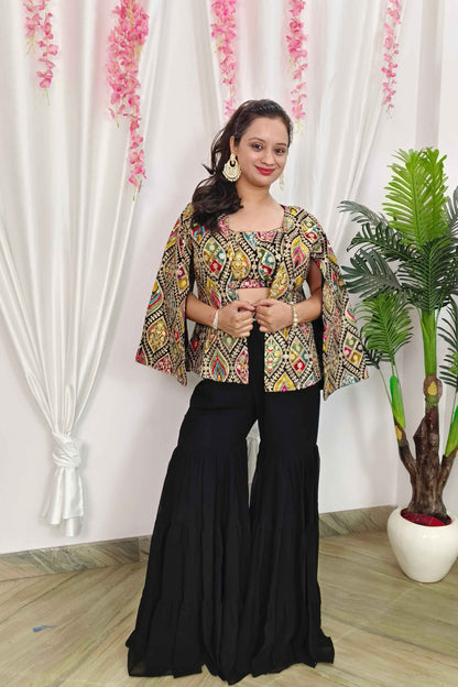 Noodle Strap Crop Top With Flared Sharara With Multi Embroidered Separate Over Jacket