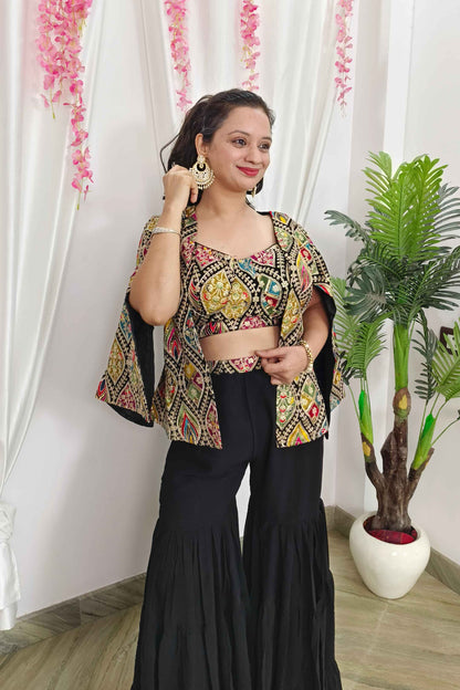 Noodle Strap Crop Top With Flared Sharara With Multi Embroidered Separate Over Jacket