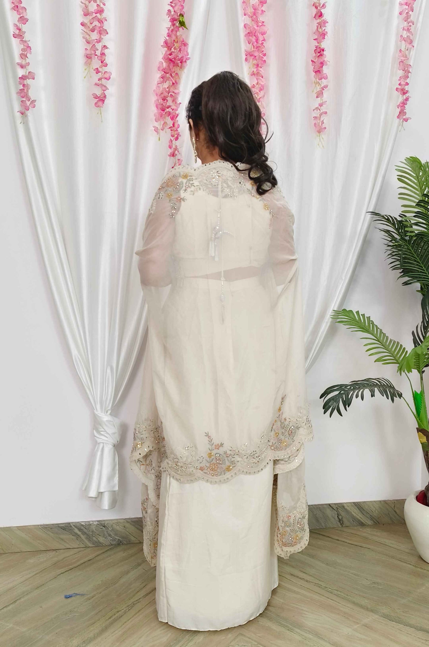 Indo Western Dress With Tulip Skirt Organza Full Embroidered Shrug in Off White