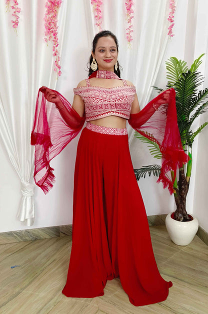 Off Shoulder Crop Top Sharara Dress With Neck Choker Duppatta In Georgette