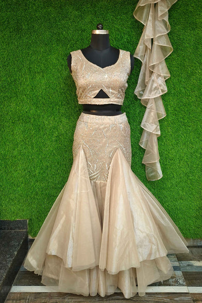 Hand Embelished  Partywear Fish Cut Lehenga Choli In Organza With Ruffle Duppatta