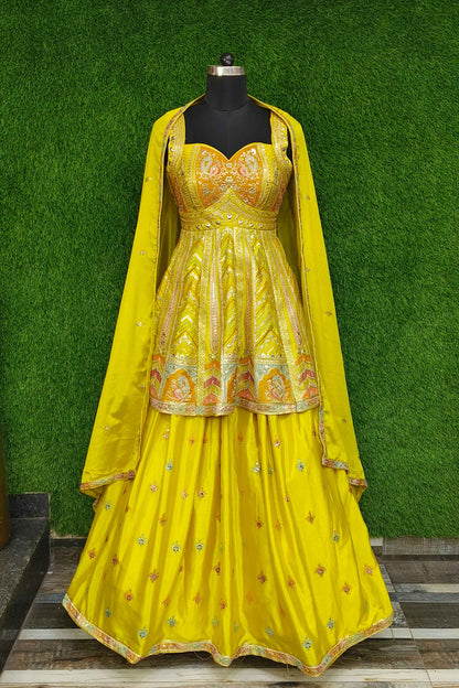 Beautiful Peplum With Skirt Multi Thread Work Indo Western Dress In Chinnon Silk In Yellow