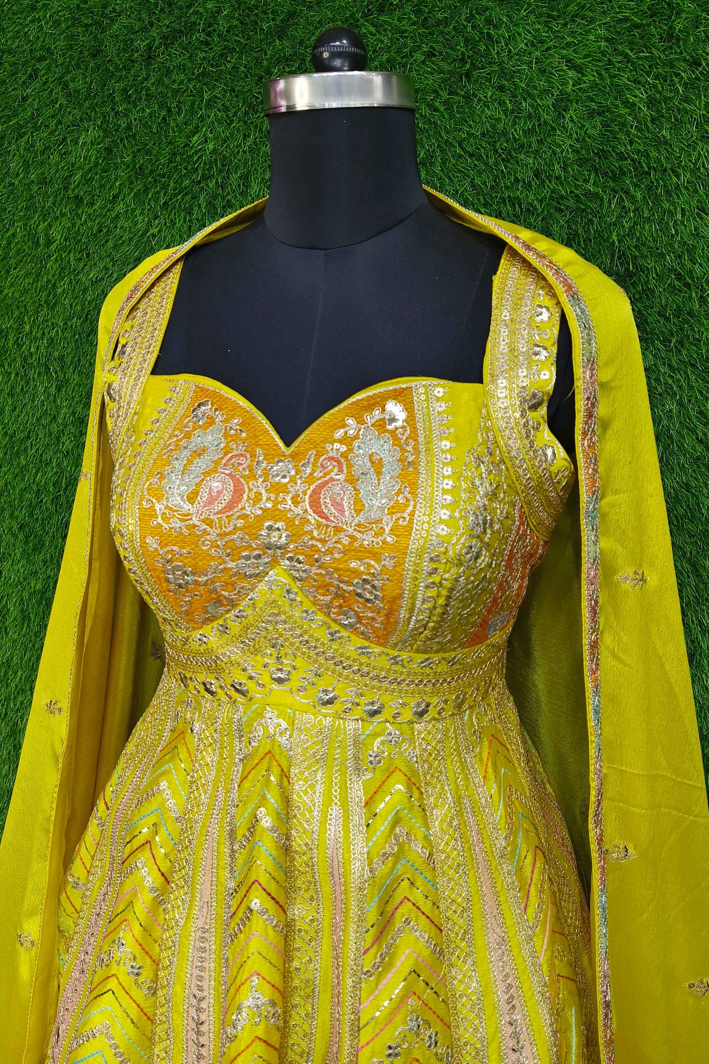 Beautiful Peplum With Skirt Multi Thread Work Indo Western Dress In Chinnon Silk In Yellow