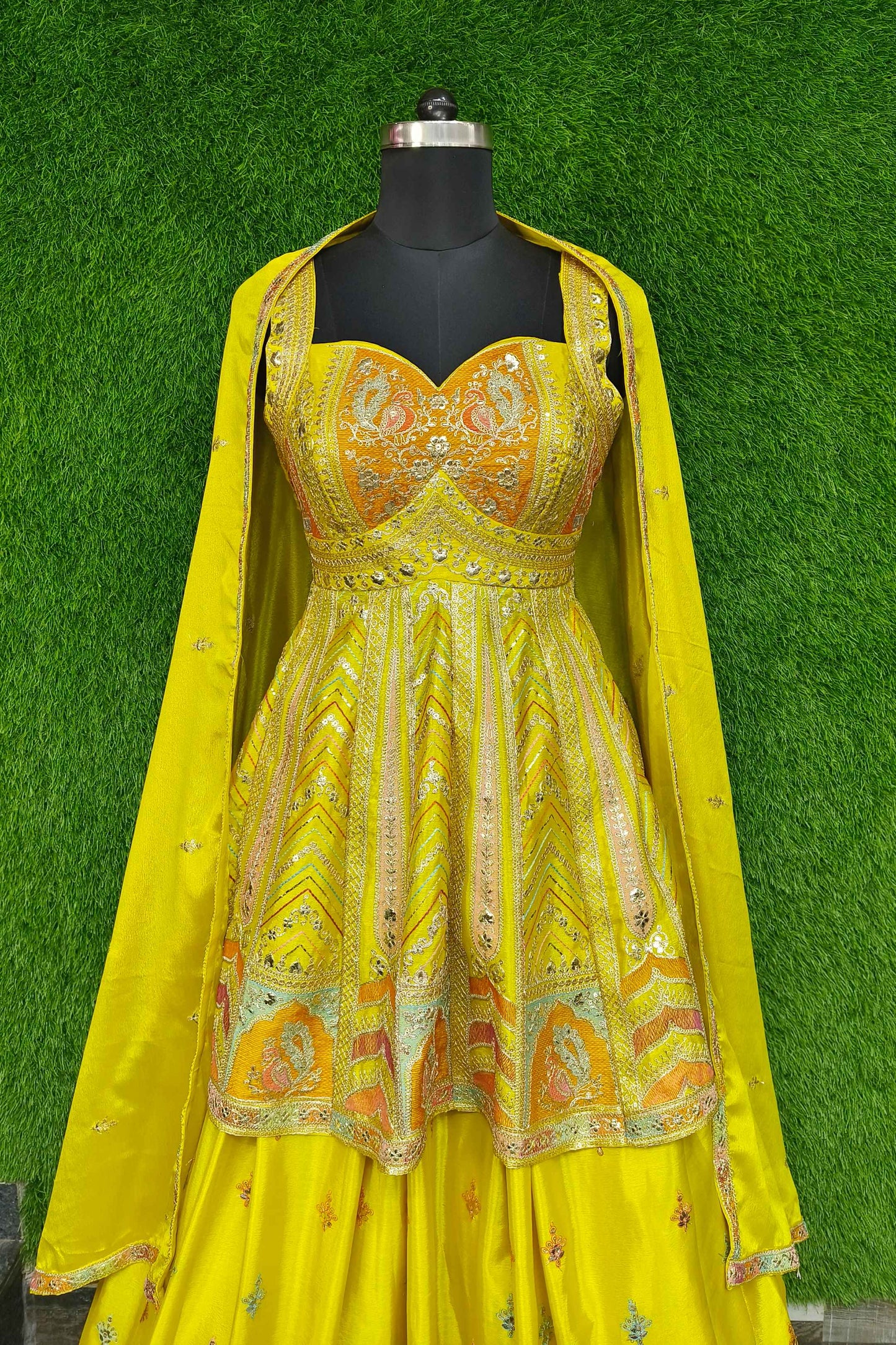 Beautiful Peplum With Skirt Multi Thread Work Indo Western Dress In Chinnon Silk In Yellow