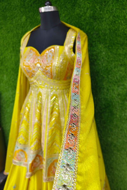 Beautiful Peplum With Skirt Multi Thread Work Indo Western Dress In Chinnon Silk In Yellow