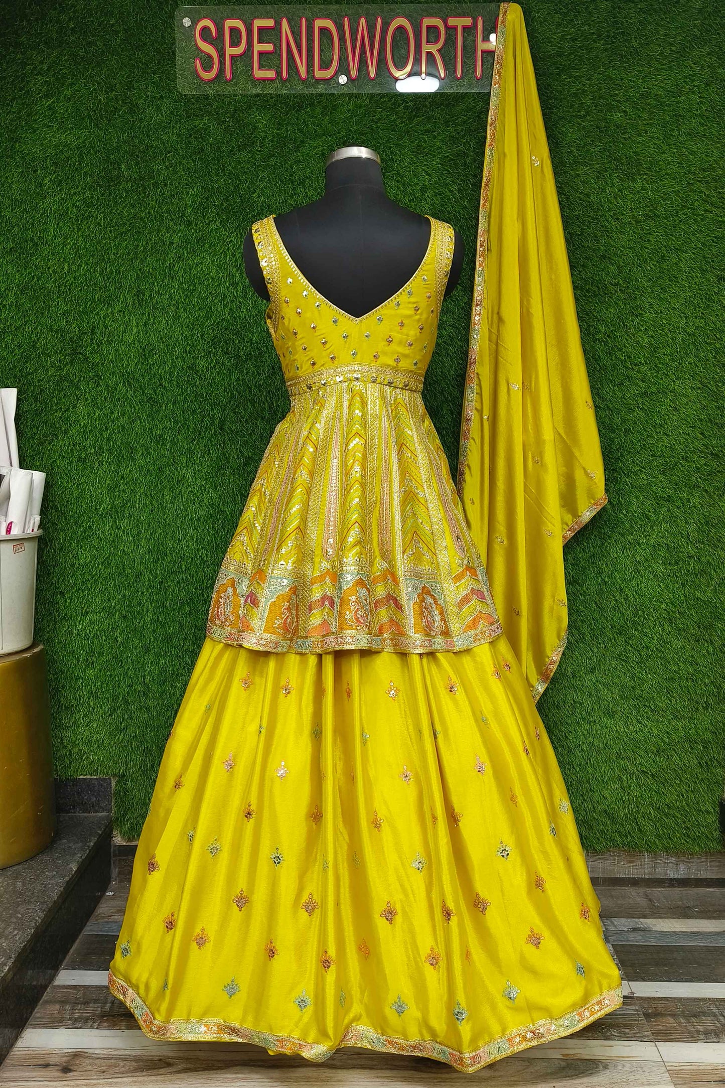 Beautiful Peplum With Skirt Multi Thread Work Indo Western Dress In Chinnon Silk In Yellow