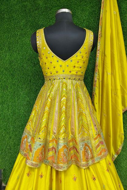 Beautiful Peplum With Skirt Multi Thread Work Indo Western Dress In Chinnon Silk In Yellow