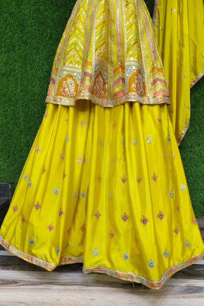 Beautiful Peplum With Skirt Multi Thread Work Indo Western Dress In Chinnon Silk In Yellow