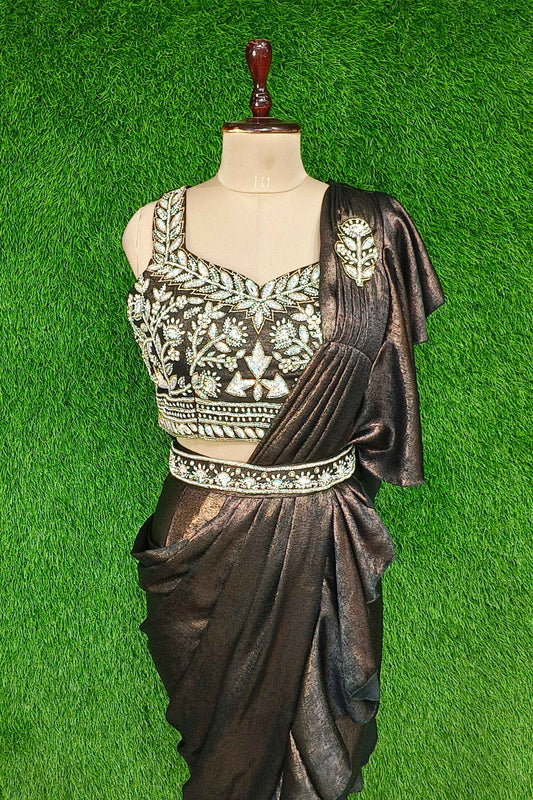 Hand Work Designer Blouse Ready to Wear Drape Saree In Imported Shimmer Fabric With Waist Belt Embroidery