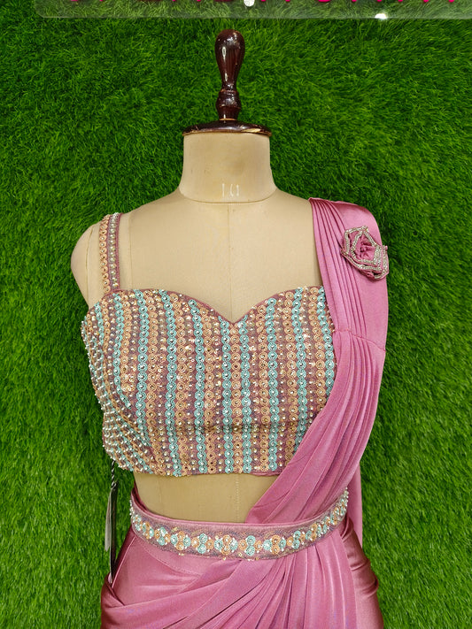 Spaghetti Style Girlish Blouse Ready To Wear Drape Saree With Belt Designing