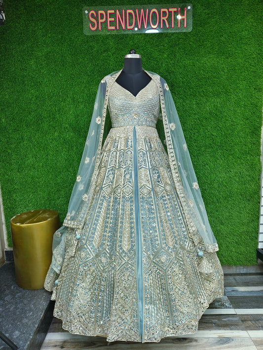 Beautiful Corset Style Embroidered Indowestern Anarkali Dress With Front Cut Designing