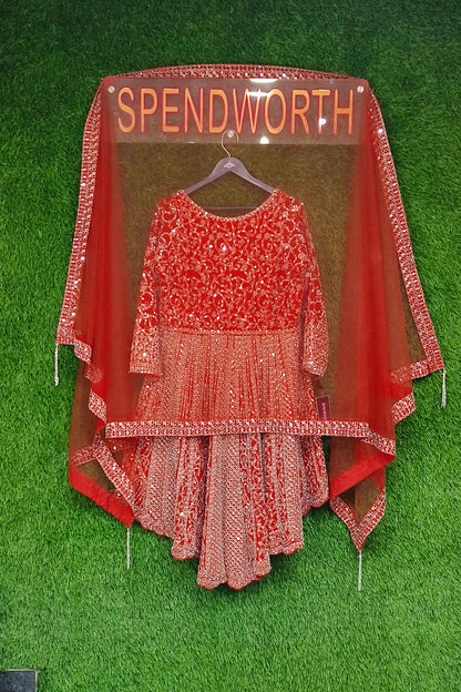 Heavy Embroideerd Mirror Work Georgette Tail Cut Sharara Suit With Bottom Work And Net Embroidered Duppatta