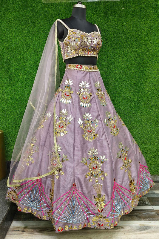 PDP Style Heavy Mirror Embroidered Spaghetti Style Silk Lehenga Choli In Mauve