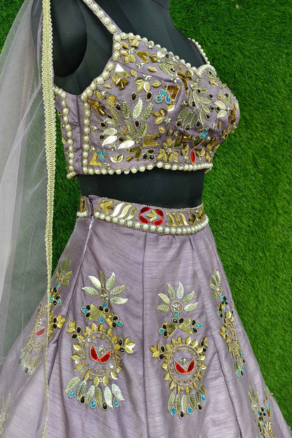 PDP Style Heavy Mirror Embroidered Spaghetti Style Silk Lehenga Choli In Mauve