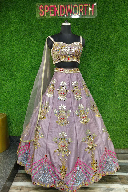 PDP Style Heavy Mirror Embroidered Spaghetti Style Silk Lehenga Choli In Mauve